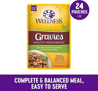 Wellness Healthly Indulgence Gravy Adult Wet Cat Food, Natural, Protein-Rich, Grain Free, 3 Ounce Pouch, 24 Pack, (Chicken &amp; Turkey)