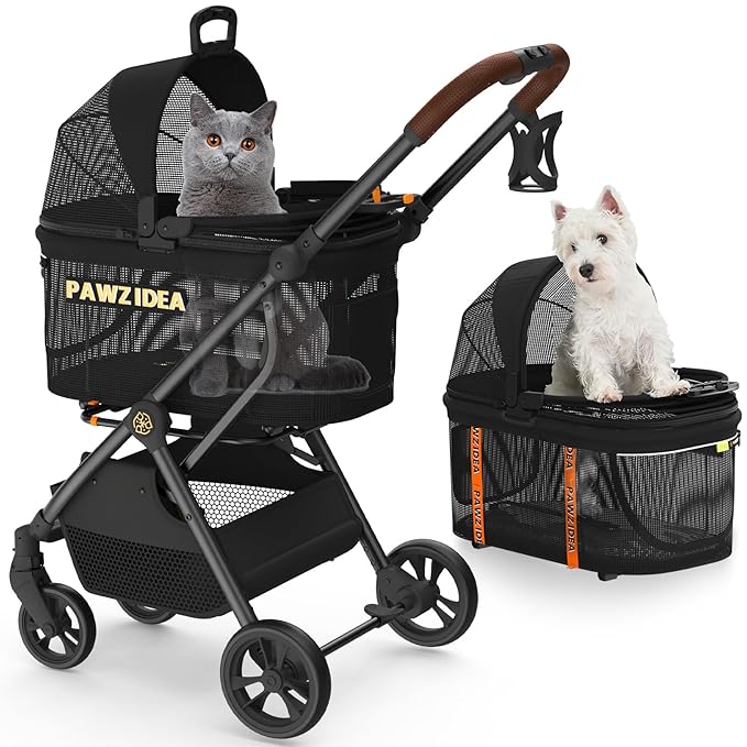 PAWZIDEA Dog Stroller 4 in 1, Pet Stroller for Cats with Detachable Carrier for Small/Medium Dogs/Cats, Seatbelt Car Seat Combo, Cozy House, Foldable &amp; Lightweight Jogger Strollers, Storage Basket