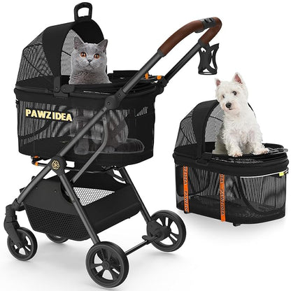 PAWZIDEA Dog Stroller 4 in 1, Pet Stroller for Cats with Detachable Carrier for Small/Medium Dogs/Cats, Seatbelt Car Seat Combo, Cozy House, Foldable &amp; Lightweight Jogger Strollers, Storage Basket