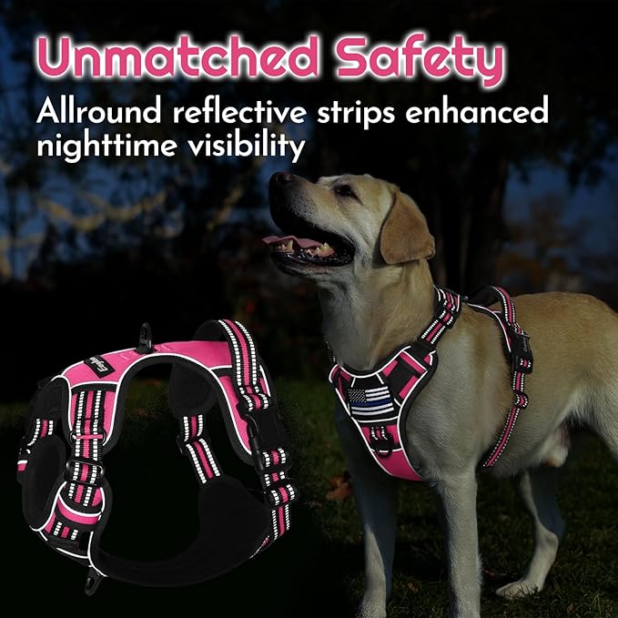 Eagloo Dog Harness for Large Dogs, Easy Wearing with 3 Buckles, Adjustable No Pull Pet Harness with 2 Rings for Walking, No Chock Reflective Soft Padded Vest with Control Handle, Pink &amp; Black, XL