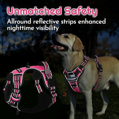 Eagloo Dog Harness for Large Dogs, Easy Wearing with 3 Buckles, Adjustable No Pull Pet Harness with 2 Rings for Walking, No Chock Reflective Soft Padded Vest with Control Handle, Pink &amp; Black, XL