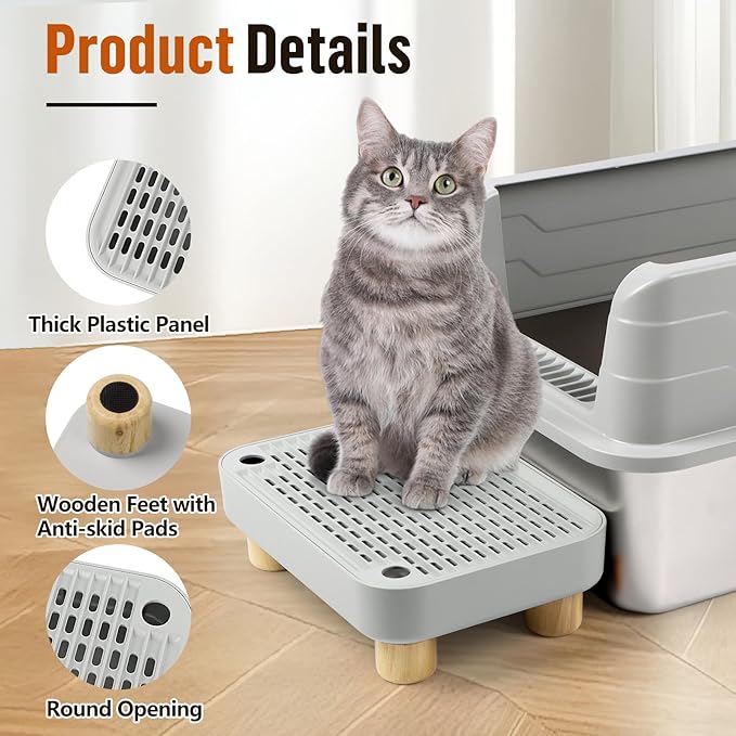 Cat Litter Box Step Ramp, Cat Litter Catcher Mat with Wooden Feet, Filter Function, Cat Pedal Stool for Self-Cleaning Cat Litter Box, Ideal for Kitten &amp; Elderly Cats (Light Grey)