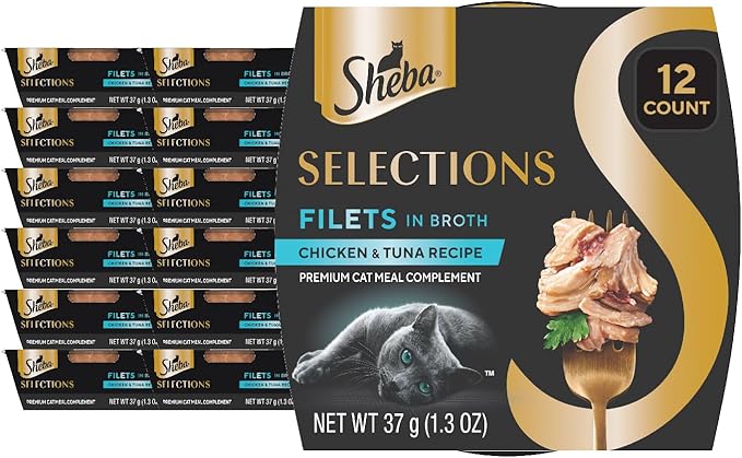 Sheba Selections Filets in Broth Adult Wet Cat Meal Complement Chicken &amp; Tuna Recipe, 1.3 oz. Cups, 12 Count