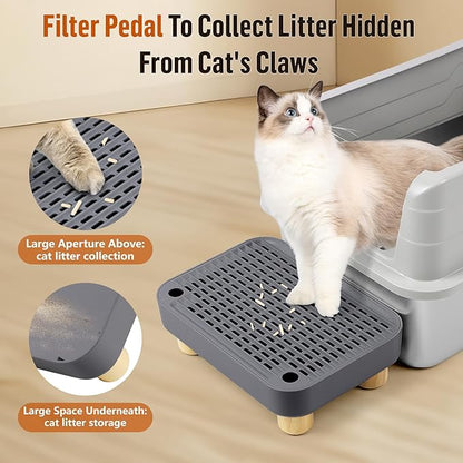 Cat Litter Box Step Ramp, Cat Litter Catcher Mat with Wooden Feet, Filter Function, Cat Pedal Stool for Self-Cleaning Cat Litter Box, Ideal for Kitten &amp; Elderly Cats (Dark Grey)