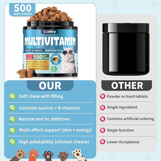 Cat Multivitamin, Crunchy &amp; Creamy Cheese Chew– Supports Energy and Skin &amp; Coat – with Taurine, B-Complex, Zinc Methionine &amp; Selenium Yeast – Daily Health Supplement for Cats of All Ages (500 Chew)