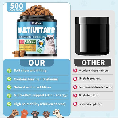 Cat Multivitamin, Crunchy &amp; Creamy Cheese Chew– Supports Energy and Skin &amp; Coat – with Taurine, B-Complex, Zinc Methionine &amp; Selenium Yeast – Daily Health Supplement for Cats of All Ages (500 Chew)