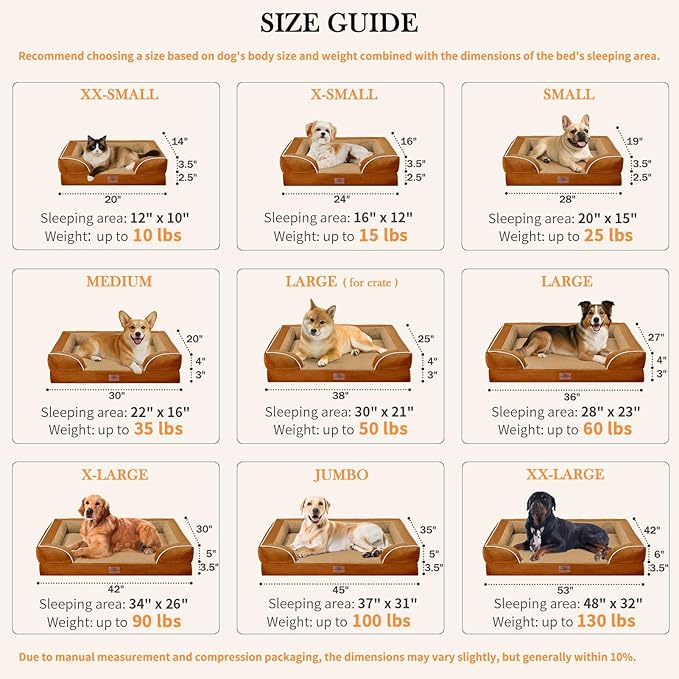 Comfort Expression Small Dog Beds Waterproof Cat Beds Orthopedic Foam Sofa Beds for Small Dogs Comfy Pet Bed with Washable Removable Cover &amp; Non-Slip Bottom(XX-Small,Caramel)