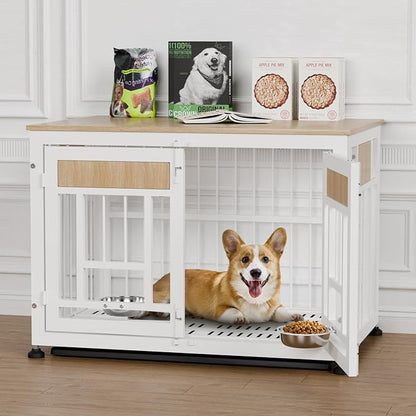 Dog Crate Furniture End Table, 38 Inch Hidden Kennel Cabinet with Removable Tray, Thickened Metal Frame Dog Cage, Dual-Purpose Pet House &amp; Nightstand for Living Room