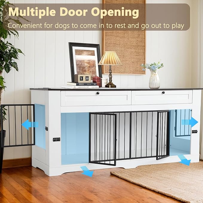 Large Dog Crate Furniture-Decorative Heavy Duty Dog Cage Indoor, Wooden Dog Cage End Table with Charging Station, Dog House with 2 Drawers (White, 70.86&