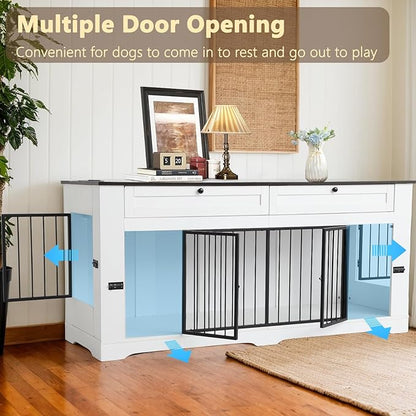 Large Dog Crate Furniture-Decorative Heavy Duty Dog Cage Indoor, Wooden Dog Cage End Table with Charging Station, Dog House with 2 Drawers (White, 70.86&