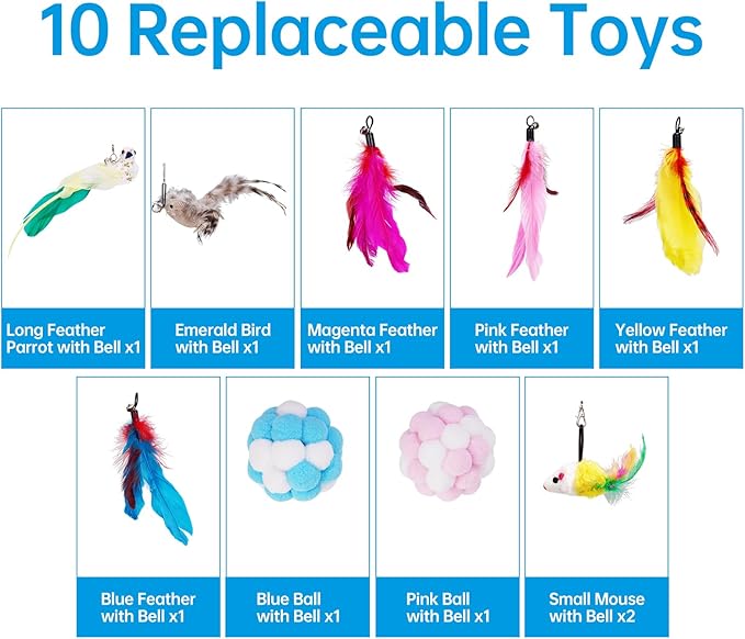 ZooZoo 14PCS Interactive Cat Feather Toy Set for Indoor Cats, Active Play Kit with Door Hanging Toy, Double-Sided Suction Cat Wand with Feathers, Mice &amp; Fur Balls, Encourages Hunting, Jumping, Chasing