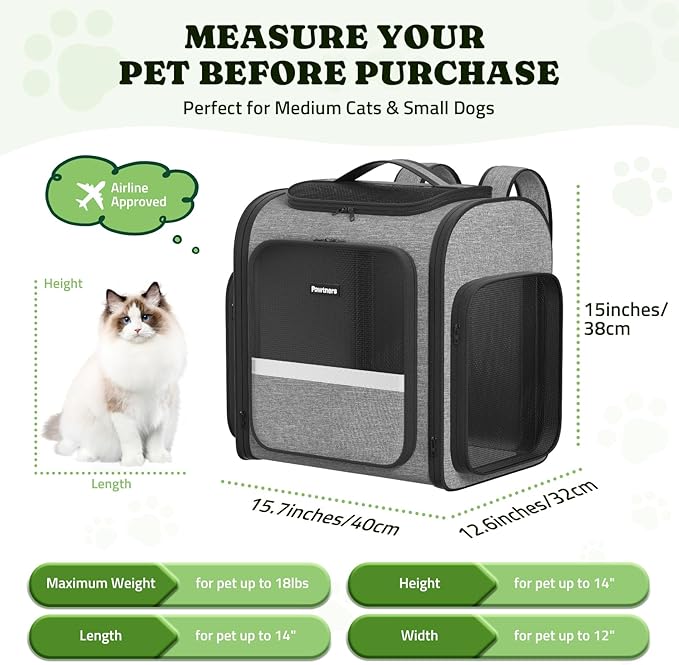 Pawtners Dog Backpack Carrier Large Pet Carrier Backpack for Kitten Small Dogs Puppies &amp; Large Cats Up to 18 Lbs, Breathable Dog Backpack with Anti-Scratch Mesh, Ventilated Design, Perfect for Travel