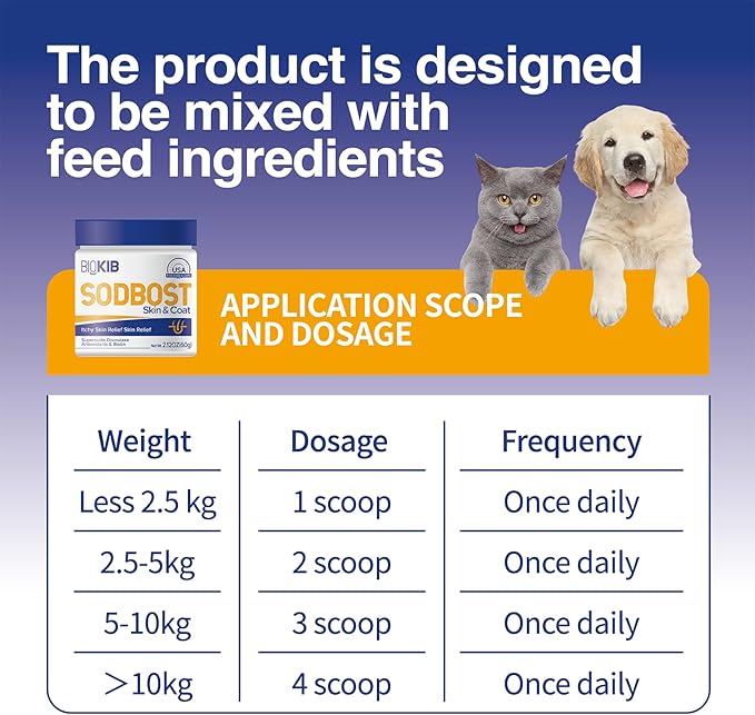 SODBOST Dog Allergy &amp; Itch Relief, Cat Skin &amp; Coat Supplement Powder -SOD Enzyme Skin Relief Formula for Allergy &amp; Itch Relief &amp; Reduces Shedding - Plant-Based, Made in USA - 60 Scoops