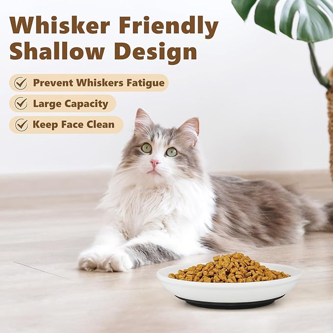 Ceramic Cat Food Bowls - 4 Pack Shallow Plates for Wet Food, Whisker-Friendly Feeding Dish with Non-Slip Silicone Base, Microwave &amp; Dishwasher Safe for Indoor Cats &amp; Kittens