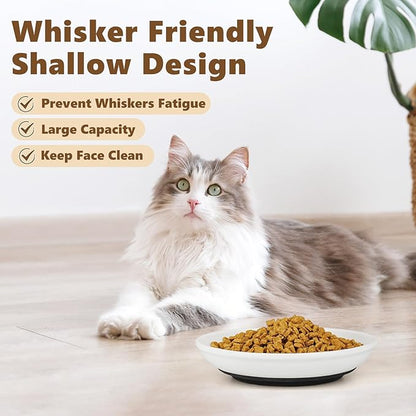 Ceramic Cat Food Bowls - 4 Pack Shallow Plates for Wet Food, Whisker-Friendly Feeding Dish with Non-Slip Silicone Base, Microwave &amp; Dishwasher Safe for Indoor Cats &amp; Kittens