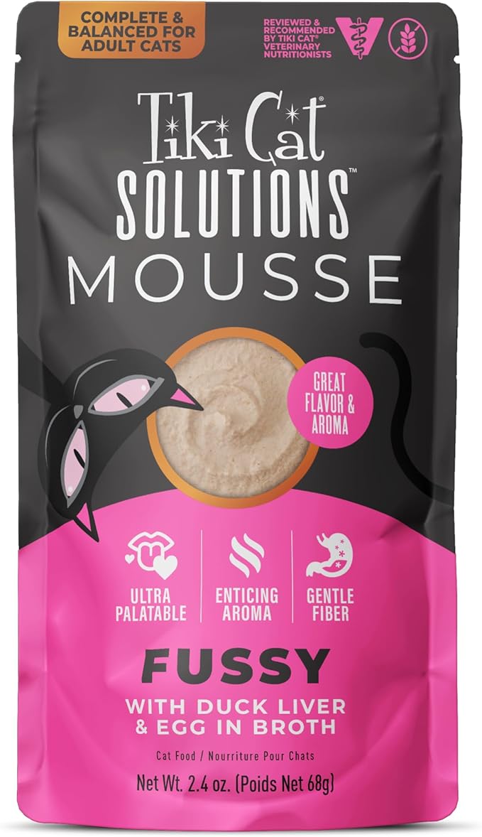 Tiki Cat Solutions Fussy Mousse, Duck Liver &amp; Egg, Specially Formulated to Support Healthy Digestion, Functional Wet Cat for Adult Cats, 2.4 oz. Pouch (12 Count)
