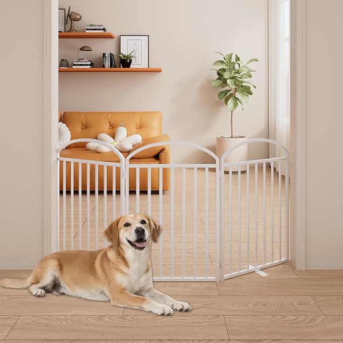3 Panles Full Matel Freestanding Dog Gates with Door, 72"Extra Wide 32"Tall Free Standing Dog Pet Gate for Indoor &amp; Outdoor. Foldable Pet Fences for Doorways, House, Stairs, Porch, Deck, Yard