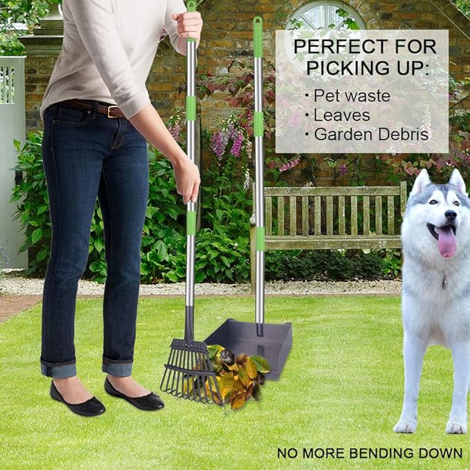 TNELTUEB Extra Large Dog Pooper Scooper, Metal Pet Poop Tray &amp; Rake Set, Adjustable Long Handle for Large Dogs - Great for Grass/Street/Gravel