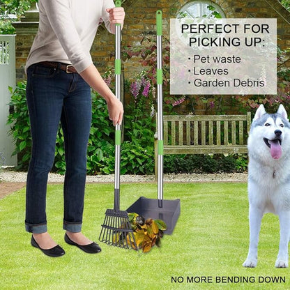TNELTUEB Extra Large Dog Pooper Scooper, Metal Pet Poop Tray &amp; Rake Set, Adjustable Long Handle for Large Dogs - Great for Grass/Street/Gravel