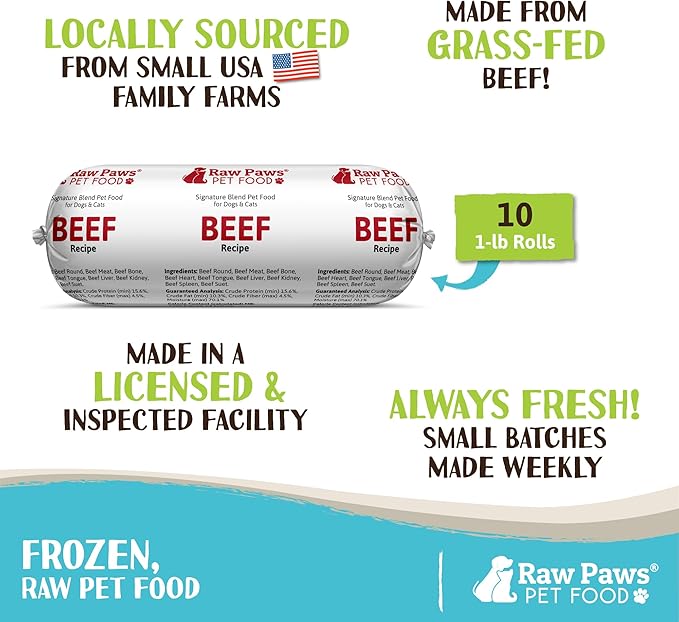 Raw Paws Signature Blend Pet Food for Dogs &amp; Cats - Beef Recipe, 1-lb Rolls (10 Pack) - Fresh Pet Food Made in USA, Grass-Fed Beef Log, Natural Dog Food Rolls, Raw Frozen Dog Food &amp; Cat Food