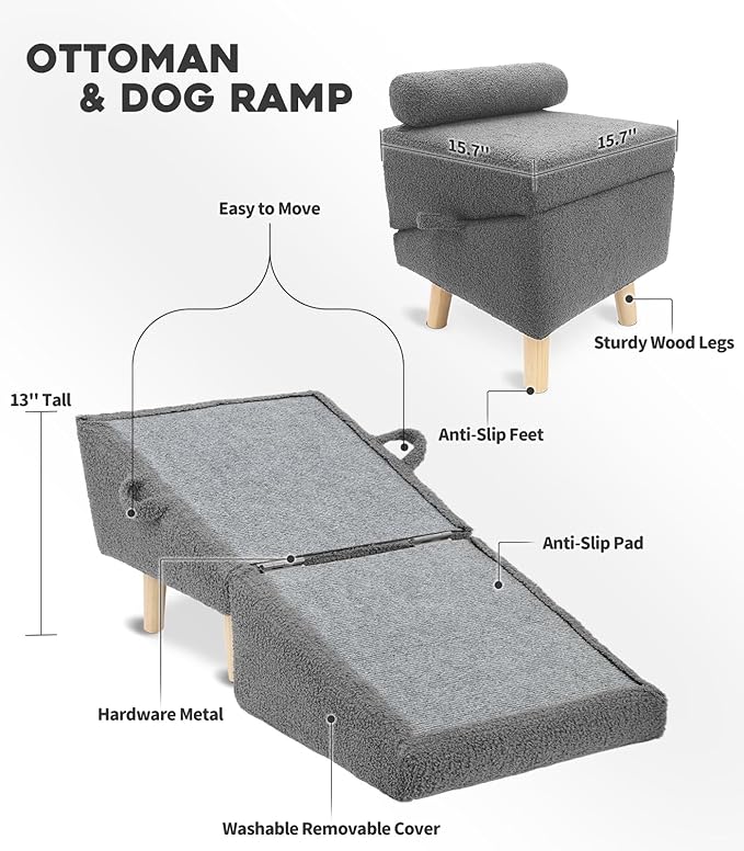 Dog Stairs for Small Dogs and Cats – 2-in-1 Dog Ramp for Bed and Couch, 16.5&