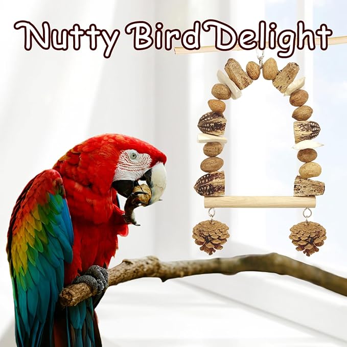 Nut Perch Stand with Interchangeable Materials – Natural, Safe Bird Playset for Beak Exercise &amp; Mental Stimulation