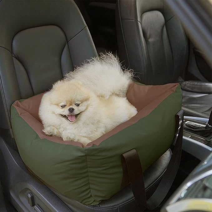 Dog Car Seat for Small Dogs, Large Leather Dog Car Bed with Storage Pocket, Waterproof PVC Leather Booster Seat Travel Bed for Front &amp; Back Seat, Clip-On Safety Leash (Green/Brown)