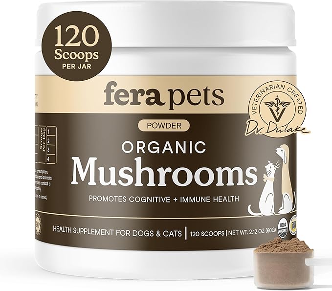 Fera Pets Mushroom Supplement for Dogs &amp; Cats with Turkey Tail - USDA Organic - Cognitive and Immune Support - Enhances Liver Function - Supports a Healthy Gut - Powder - 120 Scoops