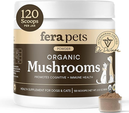 Fera Pets Mushroom Supplement for Dogs &amp; Cats with Turkey Tail - USDA Organic - Cognitive and Immune Support - Enhances Liver Function - Supports a Healthy Gut - Powder - 120 Scoops