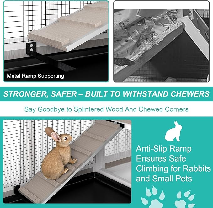 2-Tier Rabbit Hutch with Wheels, Indoor &amp; Outdoor Small Animal Cage with Deep Pull-Out Tray, Anti-Chew Frame, Habitat for Bunny, Guinea Pig, Chinchilla (60" L x 19" W x 35" H)