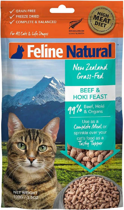 Feline Natural High Protein Dry Cat Food, Freeze-Dried Diet with 98% Meat, Organs &amp; Seafood, No Peas, Grains, or Artificial Additives, Made in New Zealand Beef &amp; Hoki, 3.5oz
