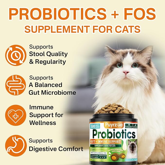 Cat Probiotics &amp; FOS, Gut + Immune Support - 500 Chews Crunchy &amp; Creamy Cheese Core, Probiotic for Digestive and Gut Health, Immunity, Constipation Relief for Cats Kittens - Chicken Shrimp