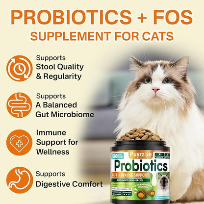 Cat Probiotics &amp; FOS, Gut + Immune Support - 500 Chews Crunchy &amp; Creamy Cheese Core, Probiotic for Digestive and Gut Health, Immunity, Constipation Relief for Cats Kittens - Chicken Shrimp