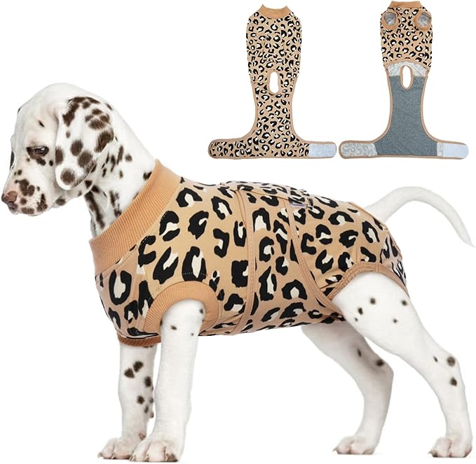FUAMEY Recovery Suit for Dogs After Surgery,Soft Breathable Dog Bodysuit E-Collar &amp; Cone Alternative Surgical Suit,Male Female Dog Neuter Spay Suits Anti Licking Wounds Onesie Brown Leopard XS