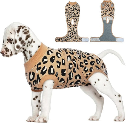 FUAMEY Recovery Suit for Dogs After Surgery,Soft Breathable Dog Bodysuit E-Collar &amp; Cone Alternative Surgical Suit,Male Female Dog Neuter Spay Suits Anti Licking Wounds Onesie Brown Leopard XS