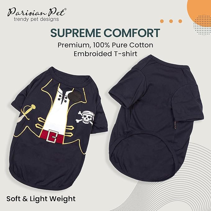 Parisian Pet Captain Sparrow Dog Shirt - Embroidered Pirate Costume - 100% Cotton &amp; Polyester - Sleeved Black Dog Shirt - XL Pet Costume
