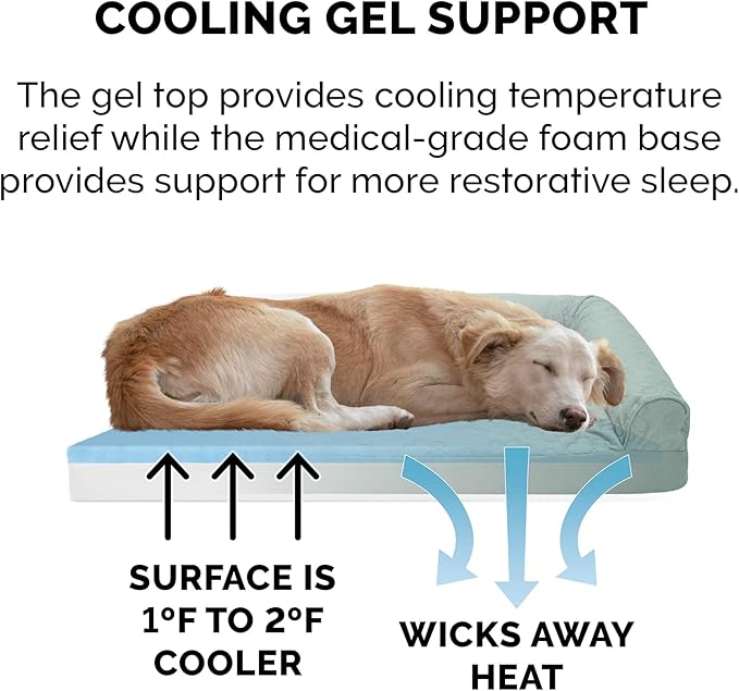 Furhaven Cooling Gel Dog Bed for Medium/Small Dogs w/ Removable Bolsters &amp; Washable Cover, For Dogs Up to 35 lbs - Pinsonic Quilted Paw L Shaped Chaise - Iceberg Green, Medium