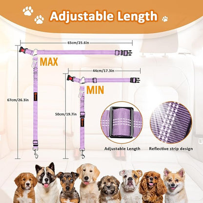 Removable Dog Seat Belt Harness for Car, 3 in 1 Pet Dog Car Seatbelt Leash, Retractable Restraint Secures to Vehicle Headrest &amp; Adjustable Reflective Bungee Dog Seatbelt Tether, Purple