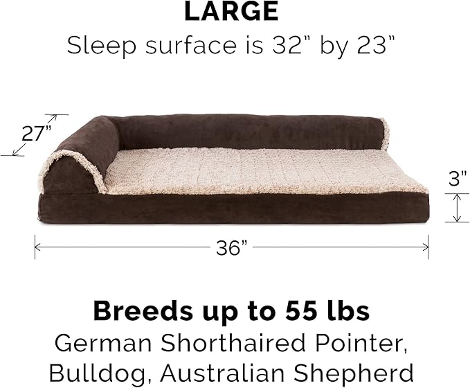 Furhaven Cooling Gel Dog Bed for Large/Medium Dogs w/ Removable Bolsters &amp; Washable Cover, For Dogs Up to 55 lbs - Two-Tone Plush Faux Fur &amp; Suede L Shaped Chaise - Espresso, Large