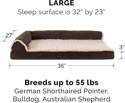Furhaven Cooling Gel Dog Bed for Large/Medium Dogs w/ Removable Bolsters &amp; Washable Cover, For Dogs Up to 55 lbs - Two-Tone Plush Faux Fur &amp; Suede L Shaped Chaise - Espresso, Large