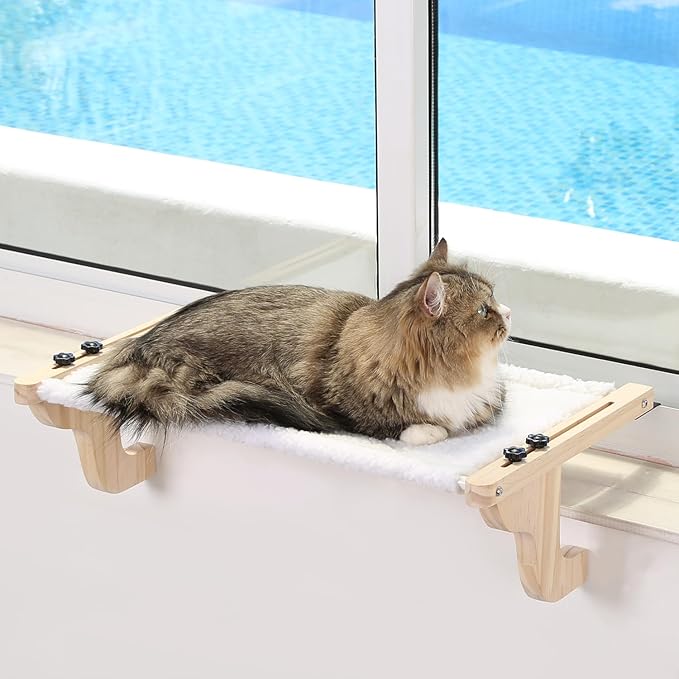 Easy Seat Cat Perch for Window Sill - Hammock Design w/Pine Wood &amp; Robust Metal Frame - Cat Window Seat for Large Cats and Kittens (Natural Color Wood w/White Bed, Medium (23&