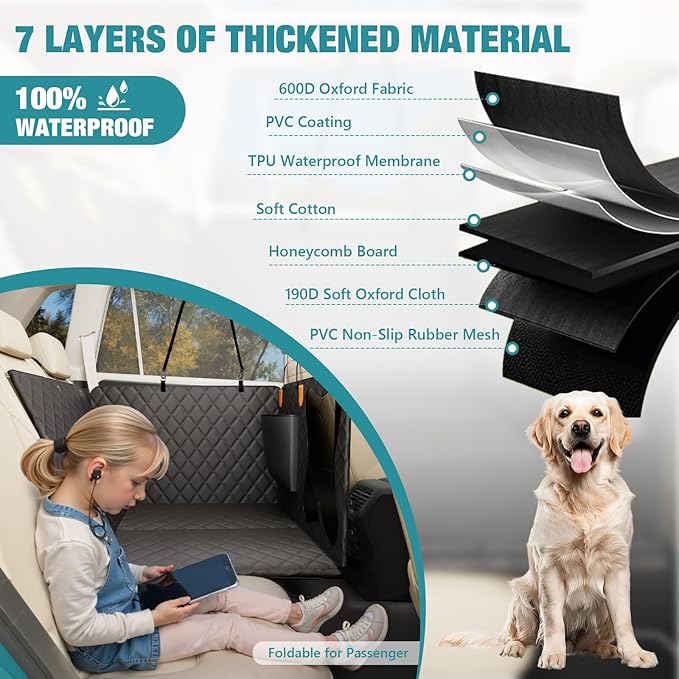 Waterproof Dog Car Seat Cover for Back Seat – Heavy Duty Back Seat Extender for Dogs with Hard Bottom, 7-Layer Protection, Non-Slip &amp; Scratchproof, Easy to Install (Black)