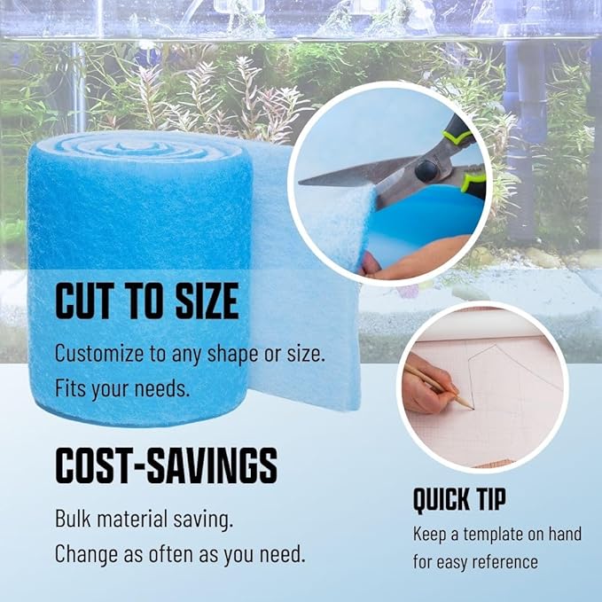Premium Aquarium Filter Media Pad - Cut-to-Fit Roll, Fresh and Saltwater Safe, Blue &amp; Dye-Free Options, Made in USA (Blue Bonded, 12"x120" (10 ft) x0.75)