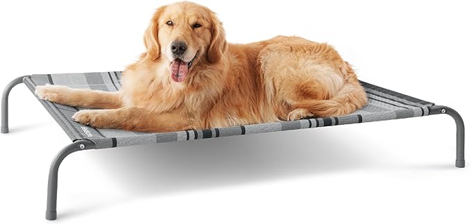 Bedsure Outdoor Elevated Dog Bed Large Sized Dog, Portable Indoor &amp; Outdoor Cooling Raised Cot Pet Hammock Bed with Skid-Resistant Feet, Frame with Breathable Mesh, Striped Grey, 49 inches