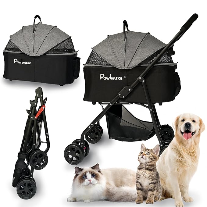 4 Wheels Pet Stroller 4 in 1 Pet Stroller with Detachable Carrier for Small &amp; Medium Dogs Cats up to 55 lbs Easy-Folding Travel Dog Wagon with Car Seat Breathable Mesh,Gray