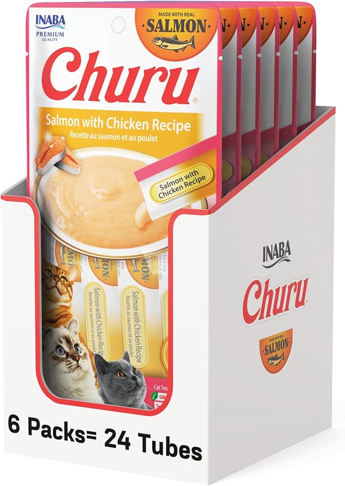 INABA Salmon Churu Cat Treats, Lickable, Squeezable Creamy Purée Cat Treat with Green Tea Extract &amp; Taurine, 0.5 Ounces Each Tube, 24 Tubes (4 per Pack), Salmon with Chicken Recipe