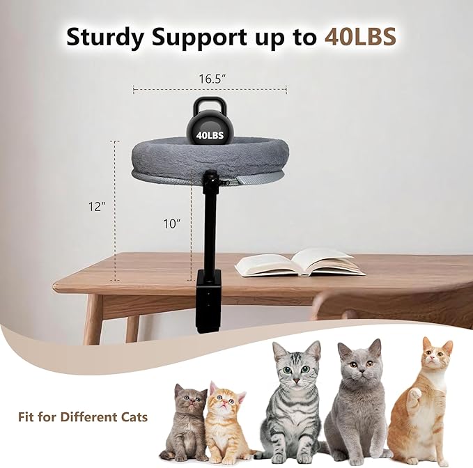 Cat Desk Bed with Summer Colling Mat, 360° Rotating &amp; Height Adjustable Indoor Cat Nest, Large Desktop Cats Perch for Home Offcice Space Saving, Supports Up to 40 lbs, Machine Washable Removable Cover