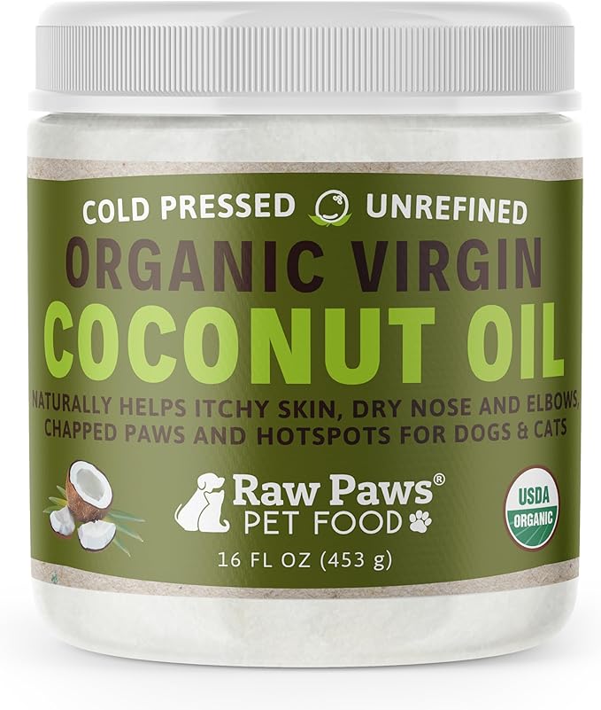 Raw Paws Virgin Organic Coconut Oil for Dogs &amp; Cats, 16-oz - Treatment for Itchy Skin, Dry Nose, Paws - Hot Spot Lotion - Natural Hairball Remedy for Cats