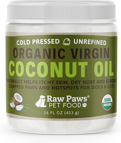 Raw Paws Virgin Organic Coconut Oil for Dogs &amp; Cats, 16-oz - Treatment for Itchy Skin, Dry Nose, Paws - Hot Spot Lotion - Natural Hairball Remedy for Cats
