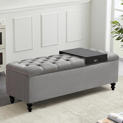 Ottoman with Storage,50.2-inch Upholstered End of Bed Storage Bench for Bedroom,for The Living Room,for Entryway, with Tray &amp; Button and Safety Hinges,Detachable (Grey)